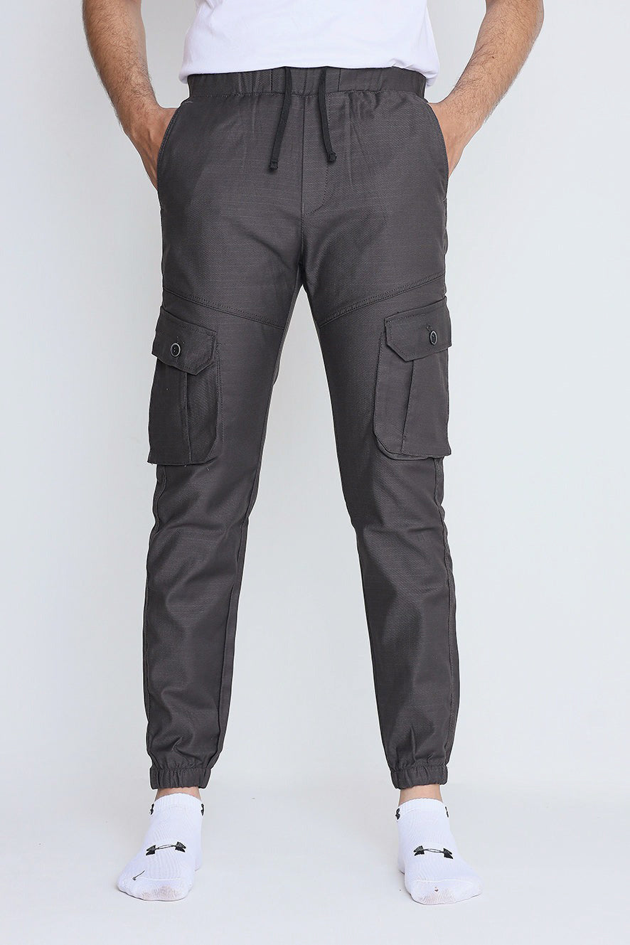 Cotton Knitted Self Texture 6 Pocket Cargo Trouser-Grey