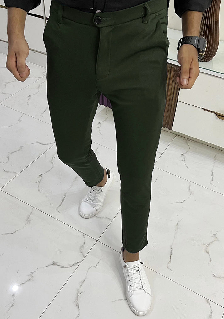 Self Texture Cotton Knitted Slim fit Pant-Olive Green