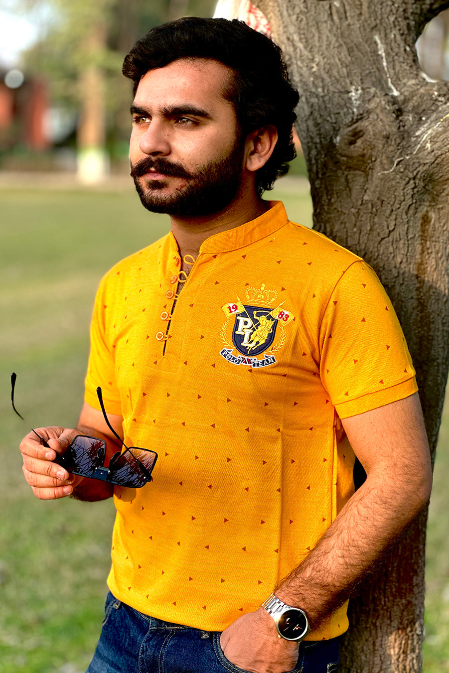 Men Round Neck Polo Shirt Export Quality-Yellow