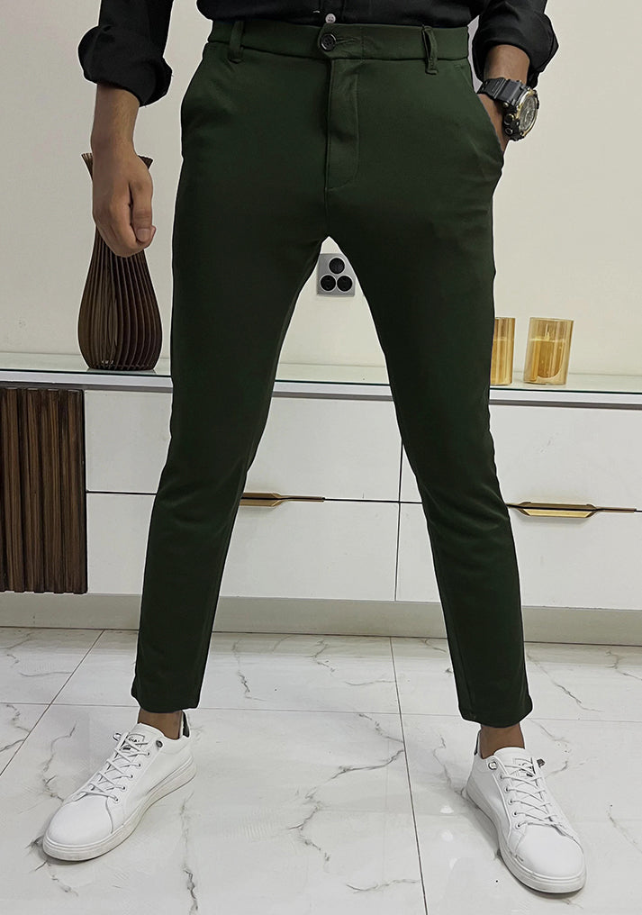 Self Texture Cotton Knitted Slim fit Pant-Olive Green