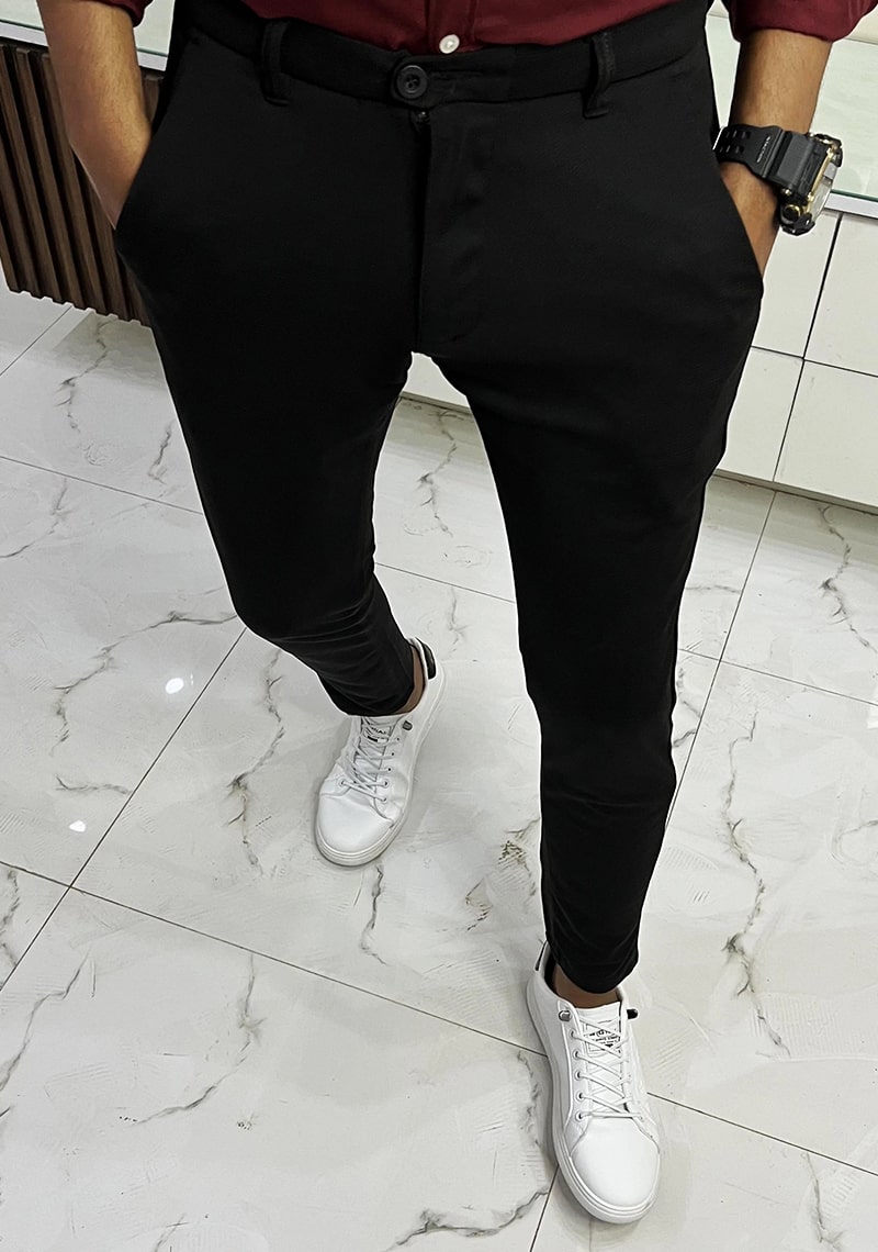 Self Texture Cotton Knitted Slim fit Pant-Black
