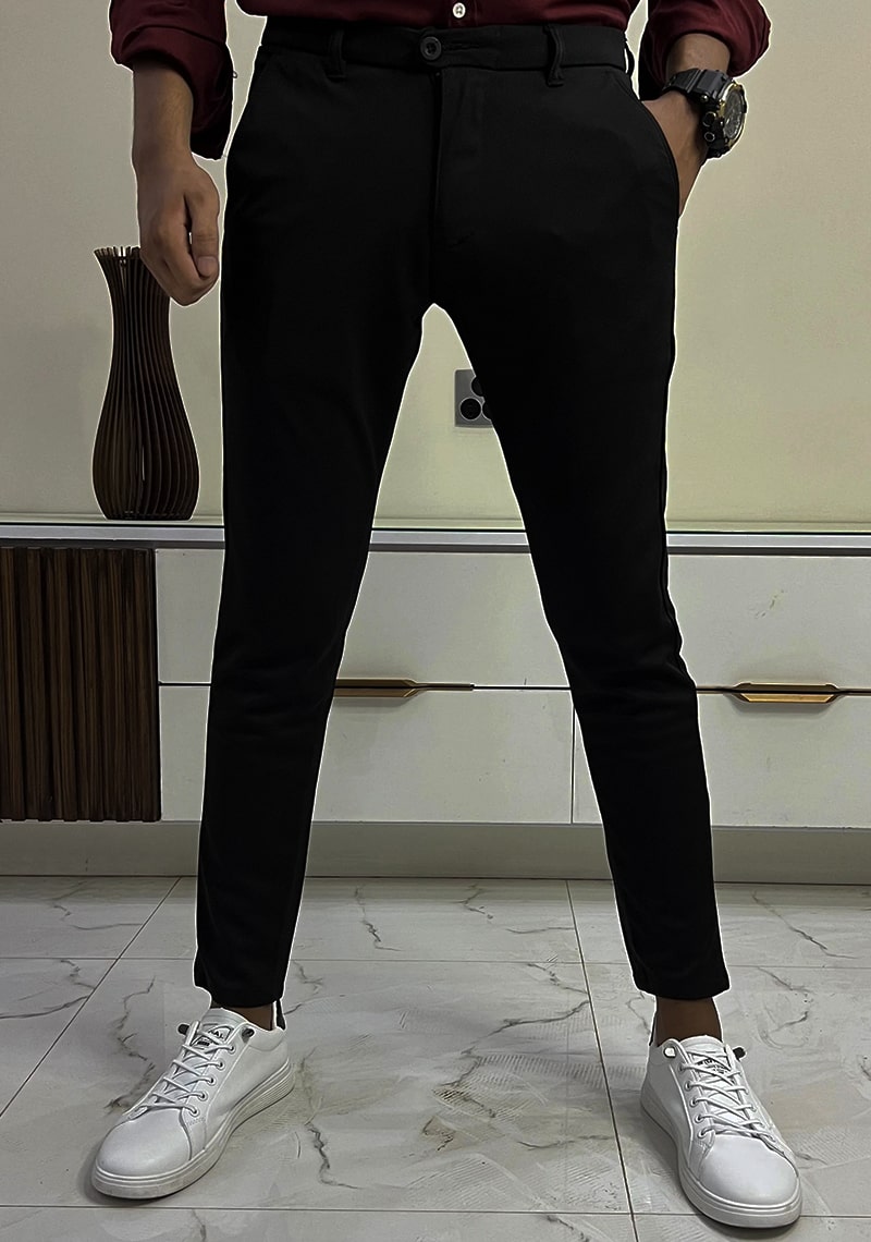 Self Texture Cotton Knitted Slim fit Pant-Black