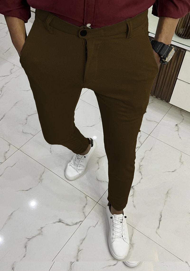 Self Texture Cotton Knitted Slim fit Pant-Dark Brown