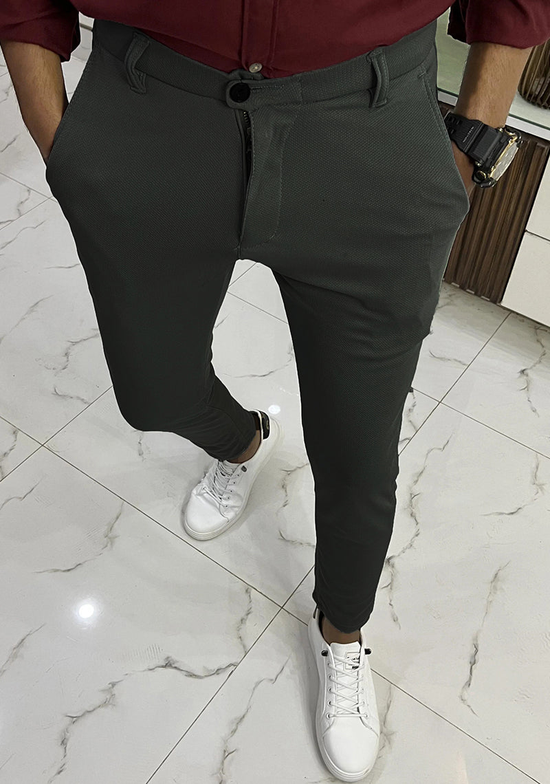 Self Plain Knitted Cotton Slim fit Pant-Dark Grey
