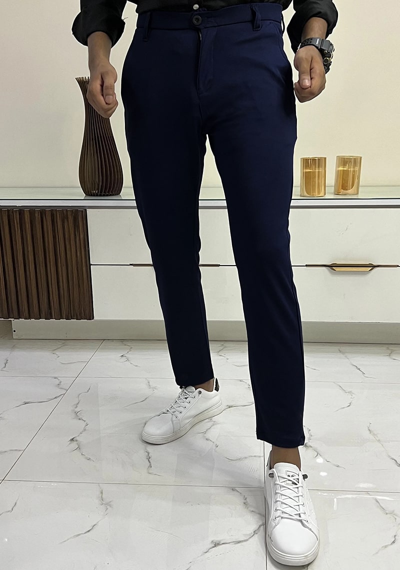 Self Texture Knitted Stretchable Slim fit Pant-Navy Blue
