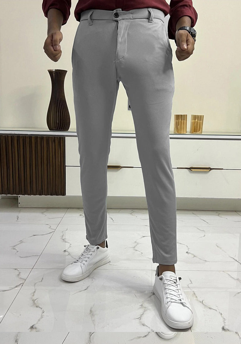 Self Texture Knitted Cotton Slim fit Pant-Silver Grey
