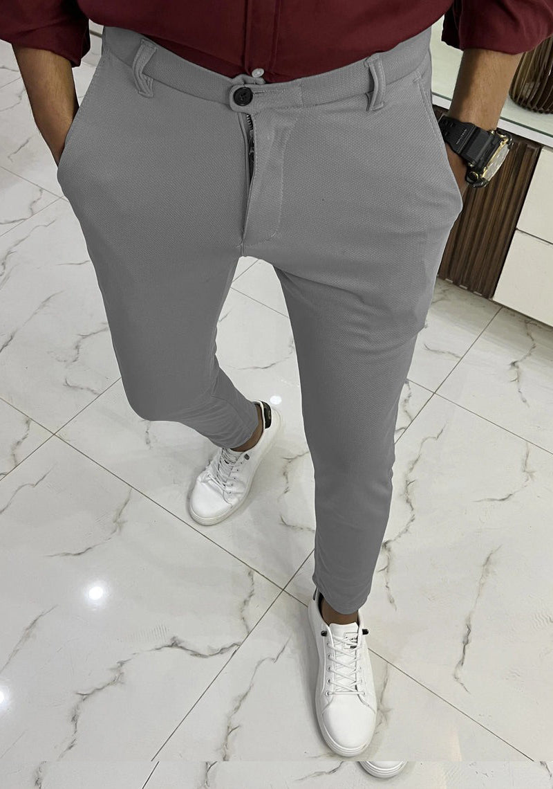 Self Texture Knitted Cotton Slim fit Pant-Silver Grey
