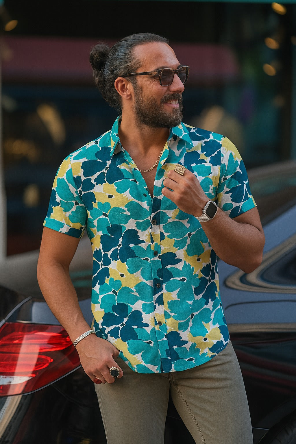 Half Sleeve- Linen C-Green Flowers