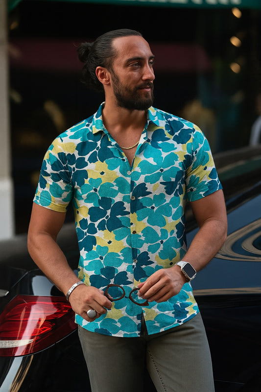 Half Sleeve- Linen C-Green Flowers