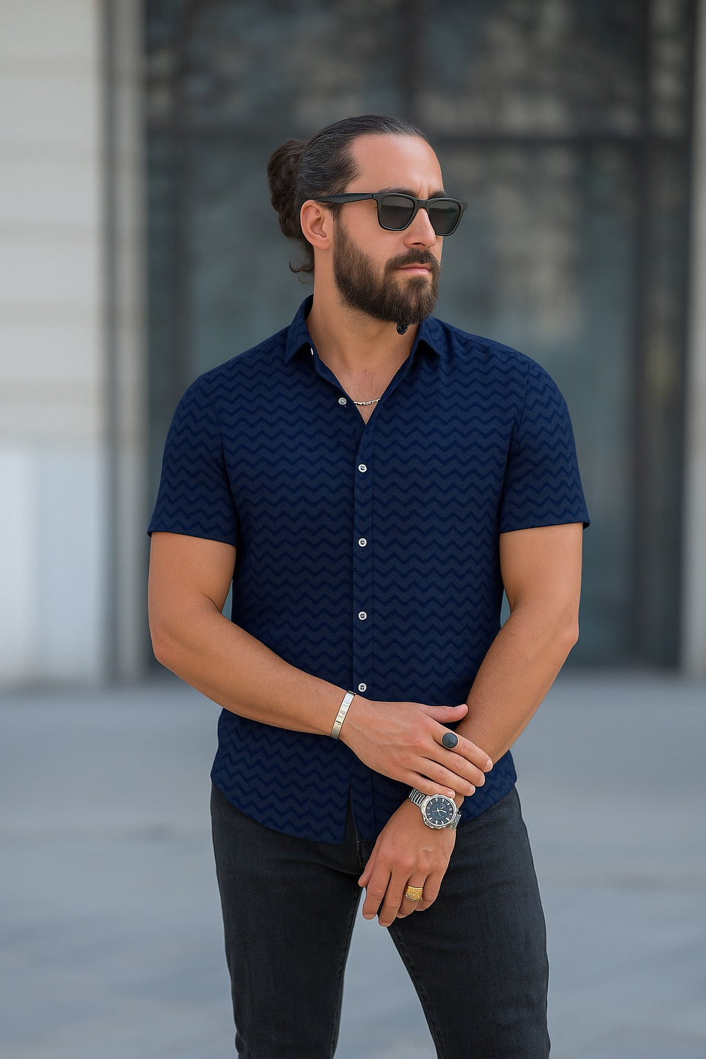 Half Sleeve- Linen Navy Wave Line