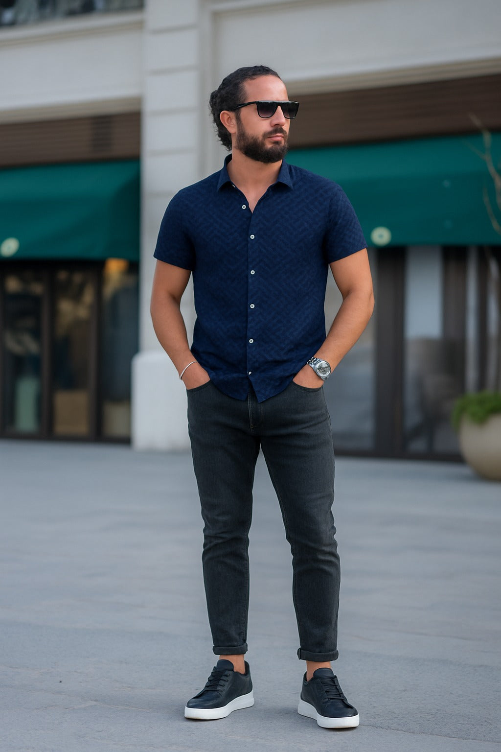 Half Sleeve- Linen Navy Wave Line