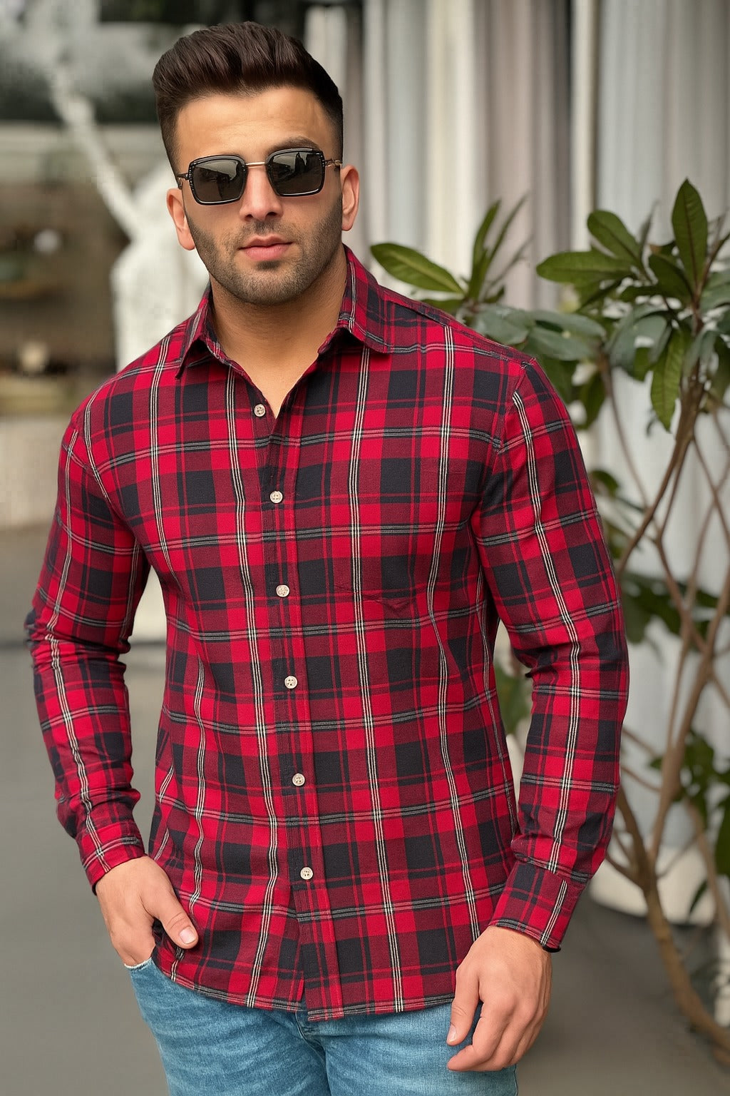 Casual Shirt- Navy Red Check