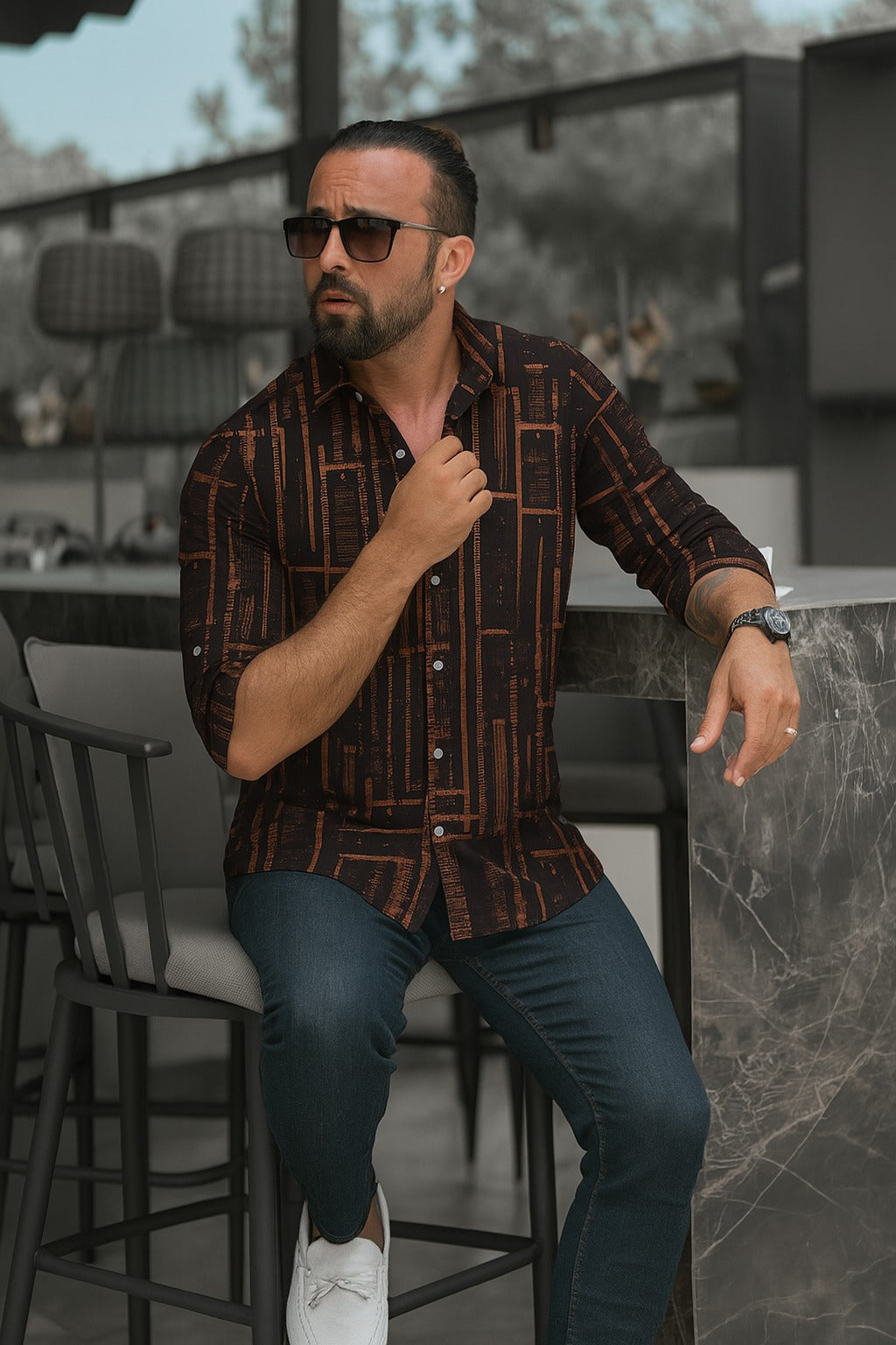 Casual Shirt- Linen Black Random Print