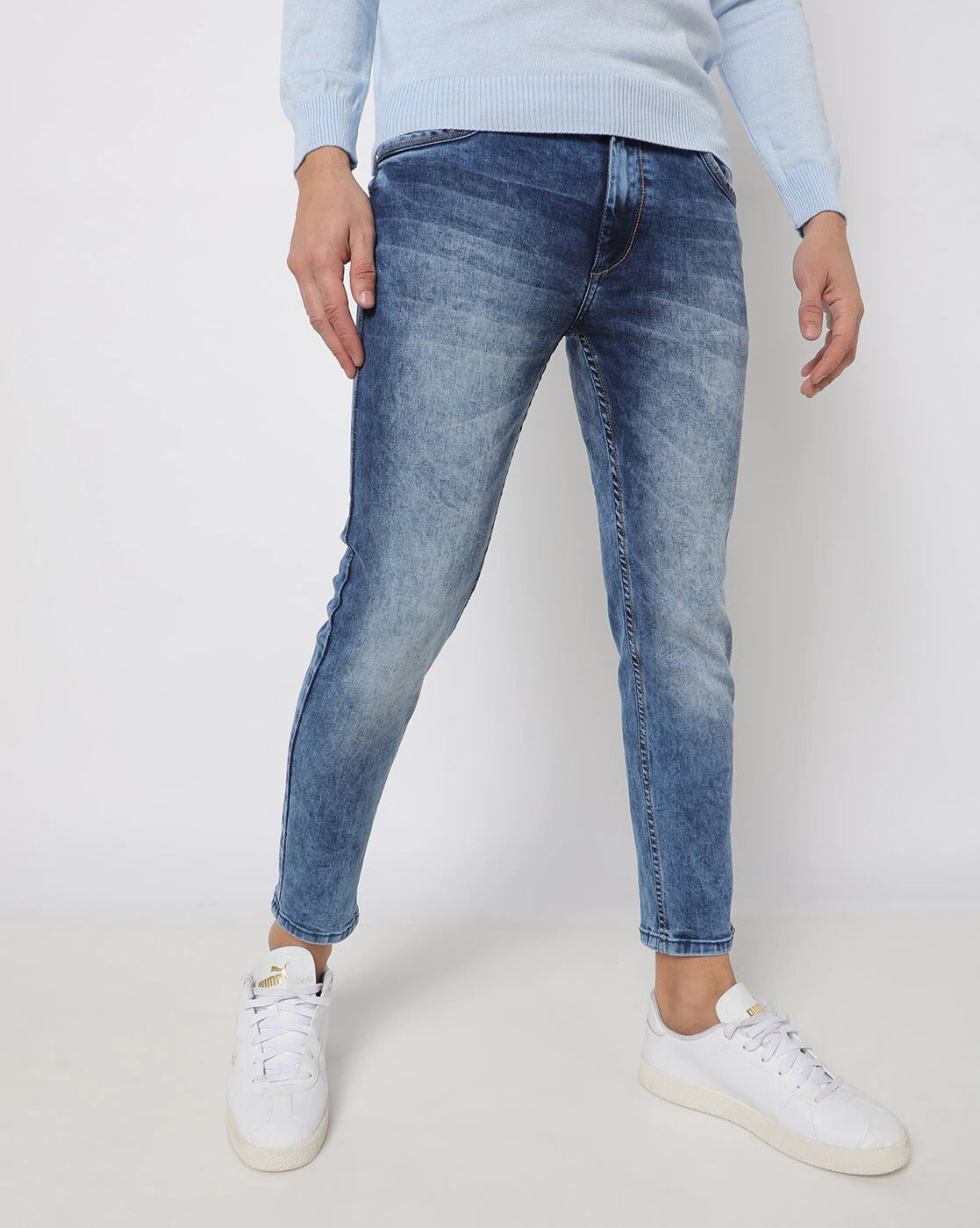 Blue Faded Ankle Fit Denim Jeans