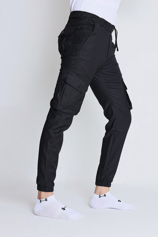 Cotton Knitted Self Texture Cargo Trouser-Charcoal Black
