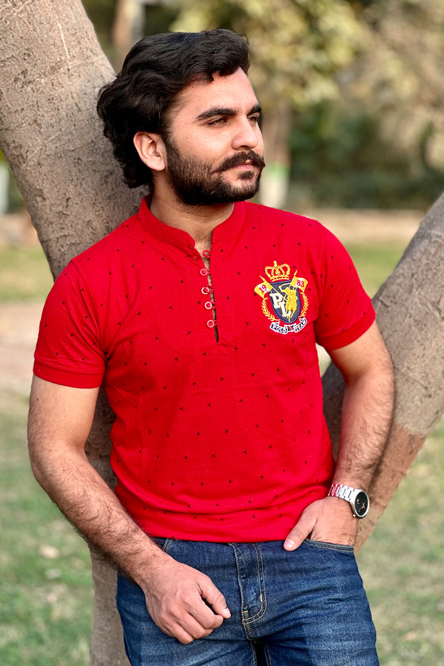 Men Round Neck Polo Shirt Export Quality-Red