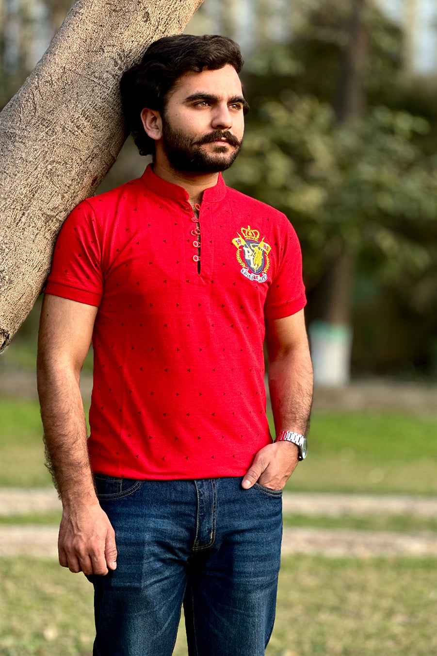 Men Round Neck Polo Shirt Export Quality-Red