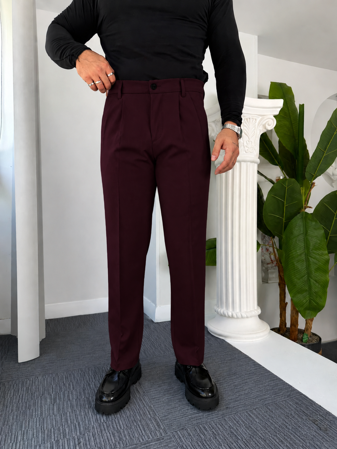 Self Texture Knitted Cotton Pant-Maroon