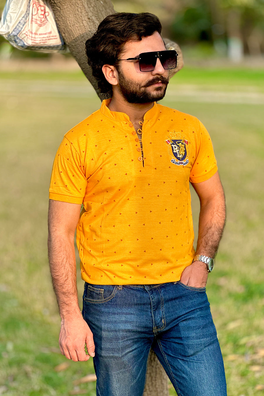 Men Round Neck Polo Shirt Export Quality-Yellow