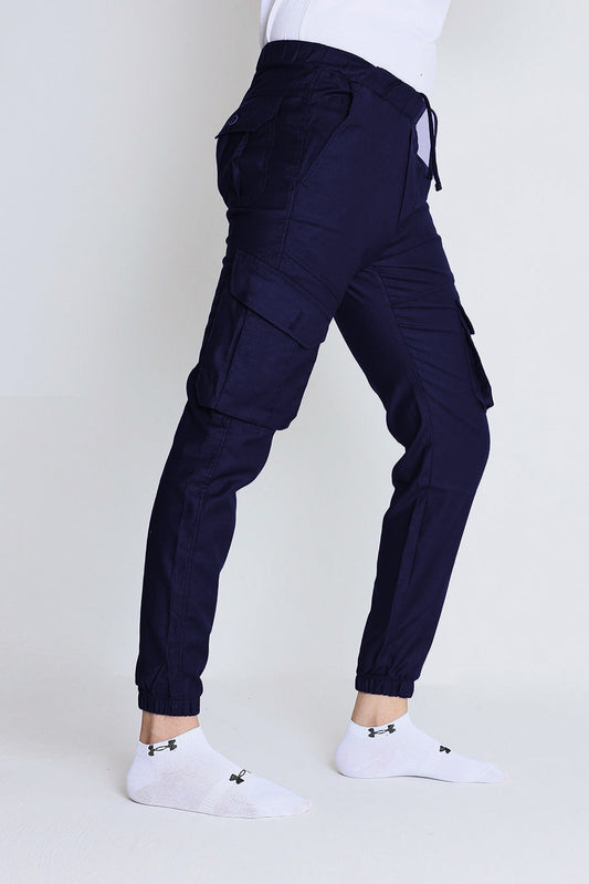 Cotton Knitted Self Texture Cargo Trouser-Navy Blue
