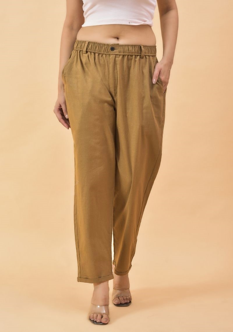 Women Casual Denim Cotton Pant Trouser-Camel Brown