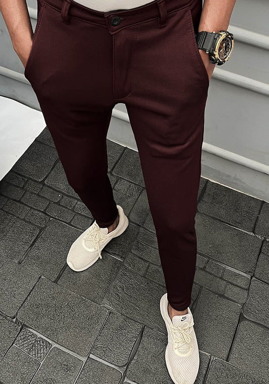 Self Texture Knitted Cotton Slim fit Pant-Maroon