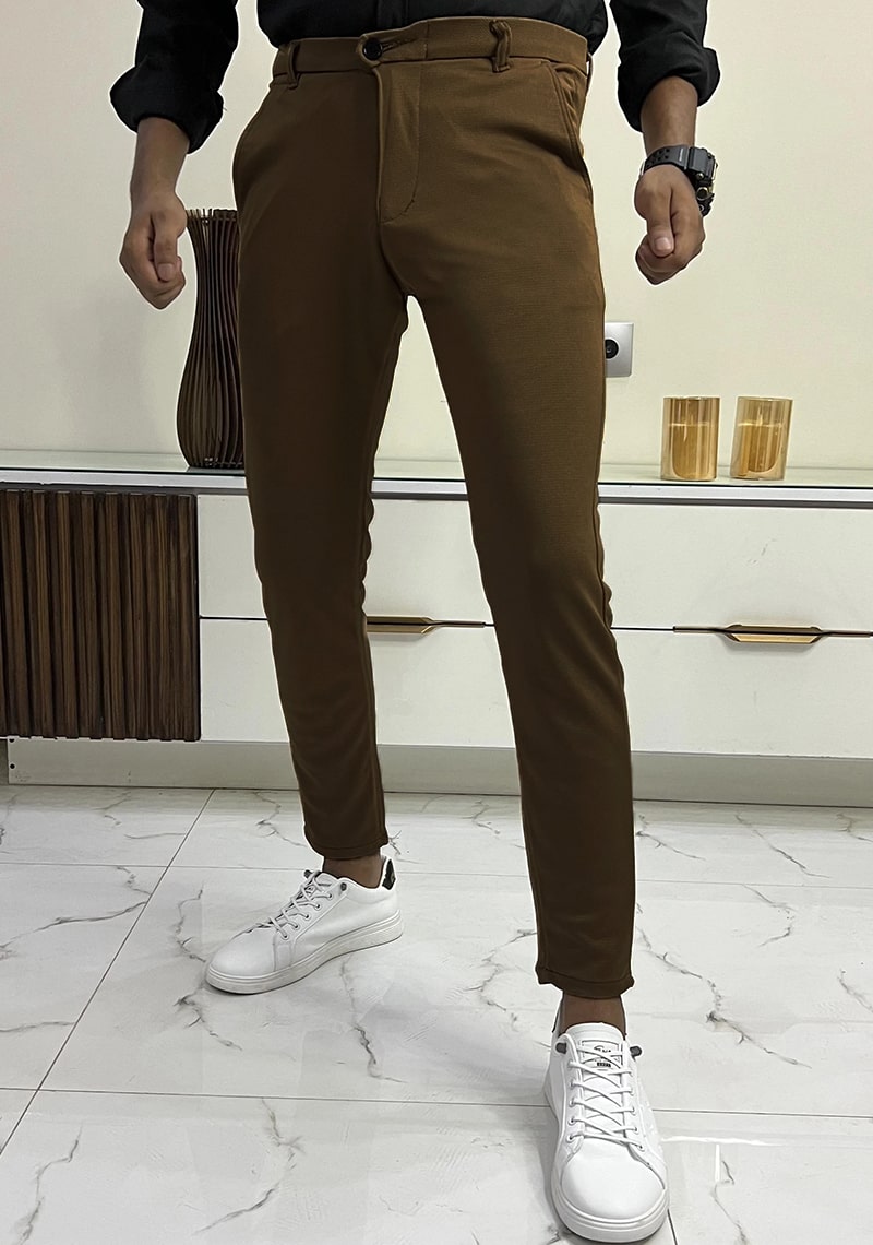 Self Texture Knitted Cotton Slim fit Pant-Camel Brown