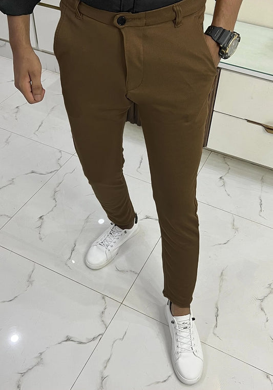 Self Texture Knitted Cotton Slim fit Pant-Camel Brown