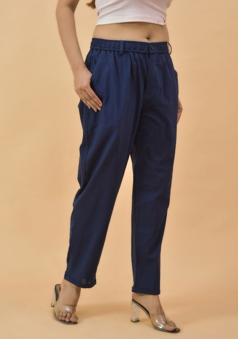 Women Casual Denim Cotton Pant Trouser-Navy Blue