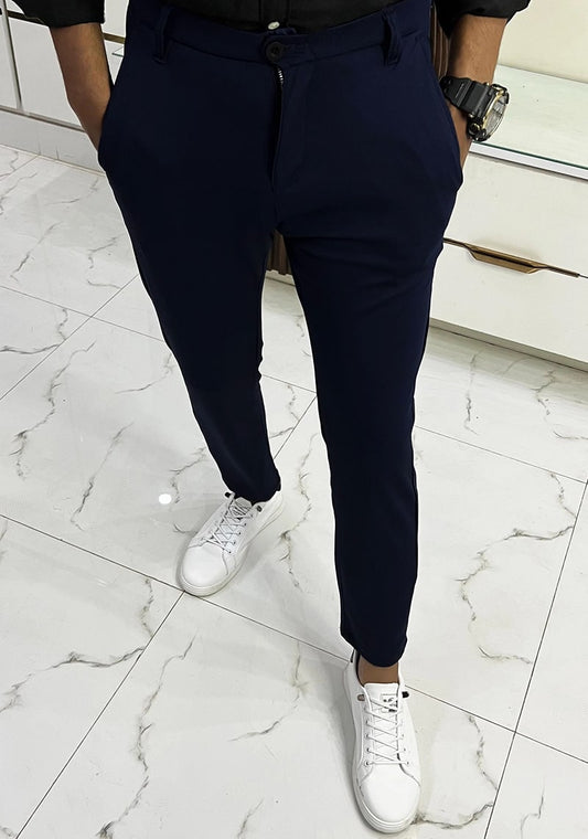 Self Texture Knitted Stretchable Slim fit Pant-Navy Blue
