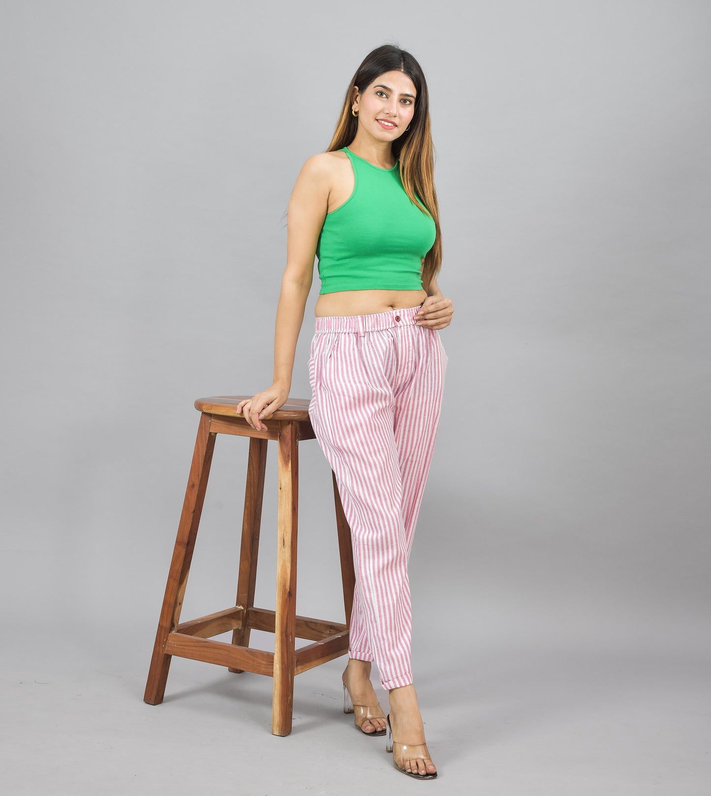 Women Casual Denim Cotton Pant Trouser-Pink Lining