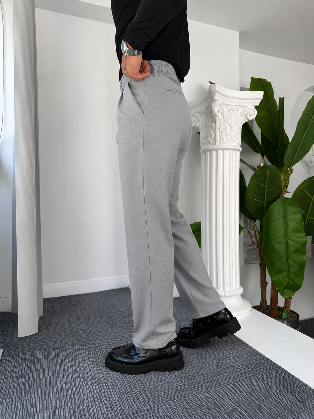 Self Texture Knitted Cotton Pant-Silver Grey