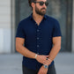 Half Sleeve- Linen Navy Wave Line