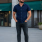 Half Sleeve- Linen Navy Wave Line