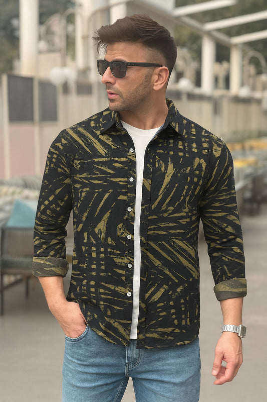 Casual Shirt- Linen Olive Scratch Print