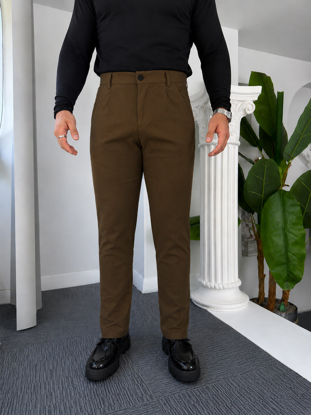 Self Texture Knitted Cotton Pant-Camel Brown