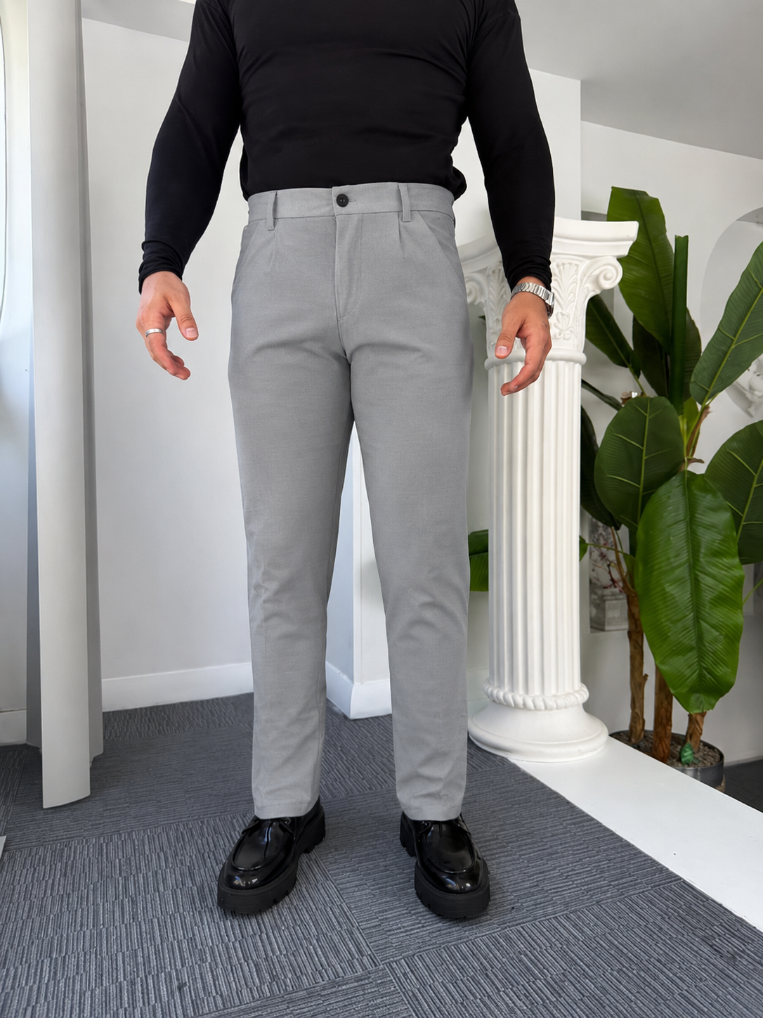 Self Texture Knitted Cotton Pant-Silver Grey