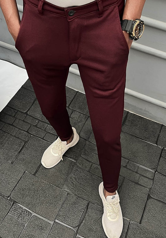 Self Texture Knitted Cotton Slim fit Pant-Maroon
