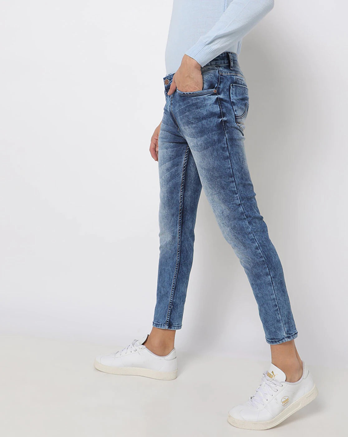 Blue Faded Ankle Fit Denim Jeans